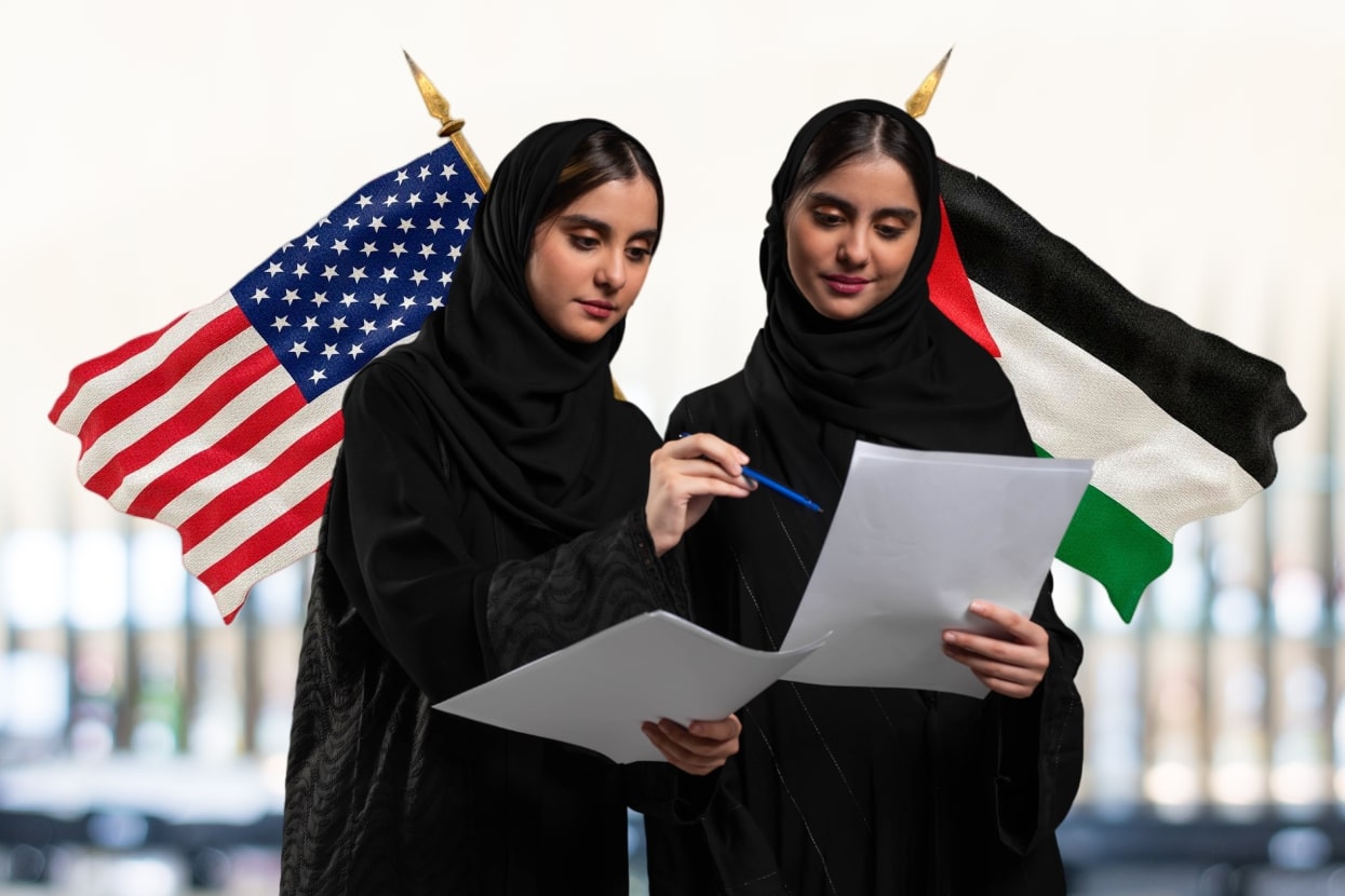 Two Arab women in black Abayas holding papers, discussing Innovation and US & UAE flags in background