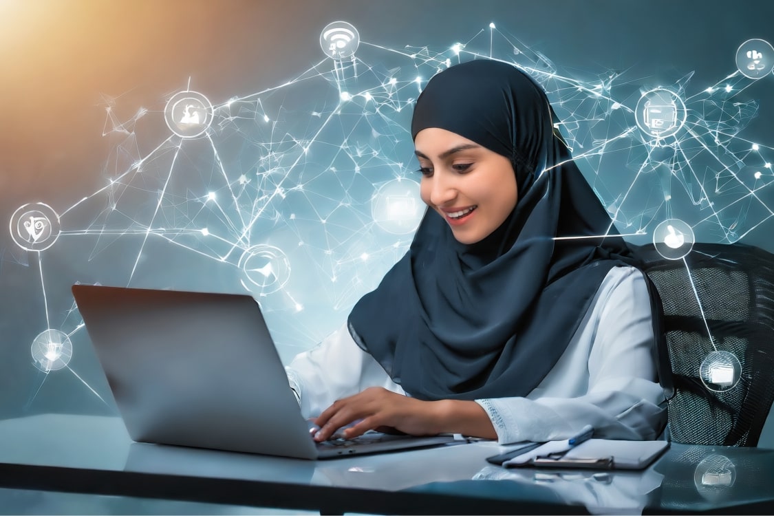 A girl in a hijab focused on her laptop, working diligently.