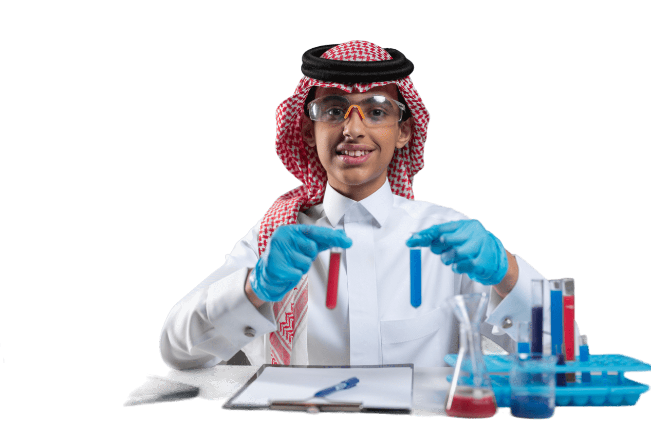 An Arab boy in a lab coat carefully holds up test tubes, conducting scientific experiments.