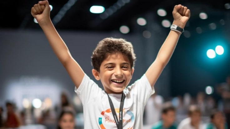 A smiling boy with arms up in victory, celebrating winning a UAE's Top young innovators